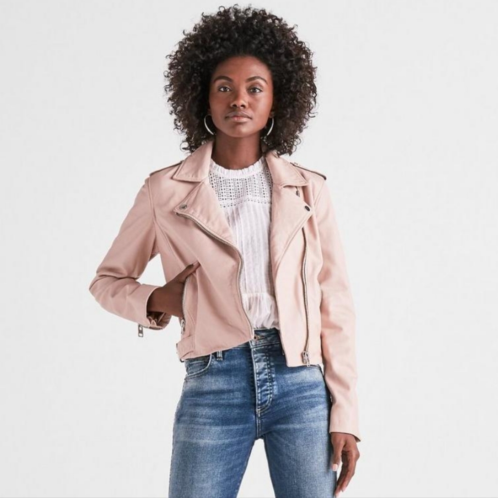 🩷EUC Lucky Brand Core Genuine Leather Moto Full Zip Jacket, Blush Pink, Small